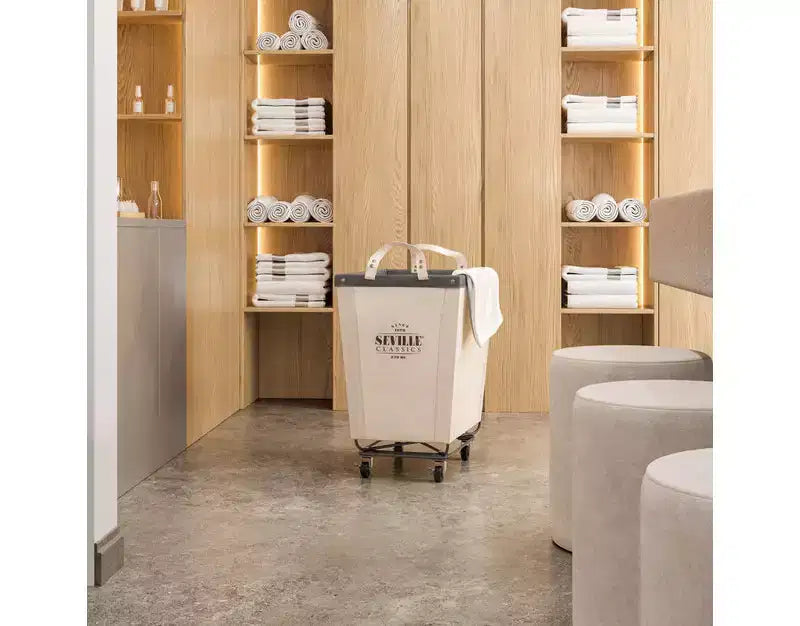 Panier à linge commercial roulant en toile blanc naturel, 22P x 16L x 27H