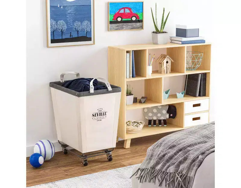 Panier à linge commercial roulant en toile blanc naturel, 22P x 16L x 27H