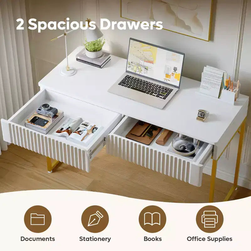 Bureau d'ordinateur cannelé élégant de 119 cm, Coiffeuse moderne et bureau d'étude avec cadre en métal doré pour chambre à coucher, bureau, blanc