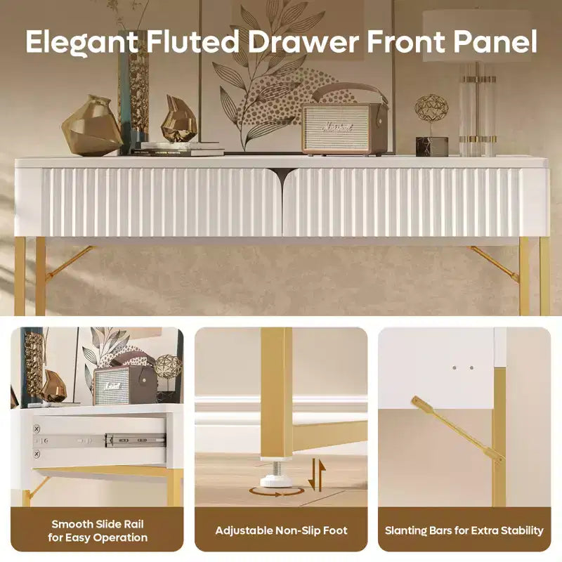 Bureau d'ordinateur cannelé élégant de 119 cm, Coiffeuse moderne et bureau d'étude avec cadre en métal doré pour chambre à coucher, bureau, blanc
