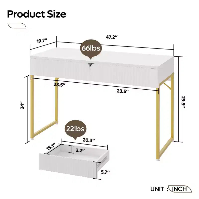 Bureau d'ordinateur cannelé élégant de 119 cm, Coiffeuse moderne et bureau d'étude avec cadre en métal doré pour chambre à coucher, bureau, blanc