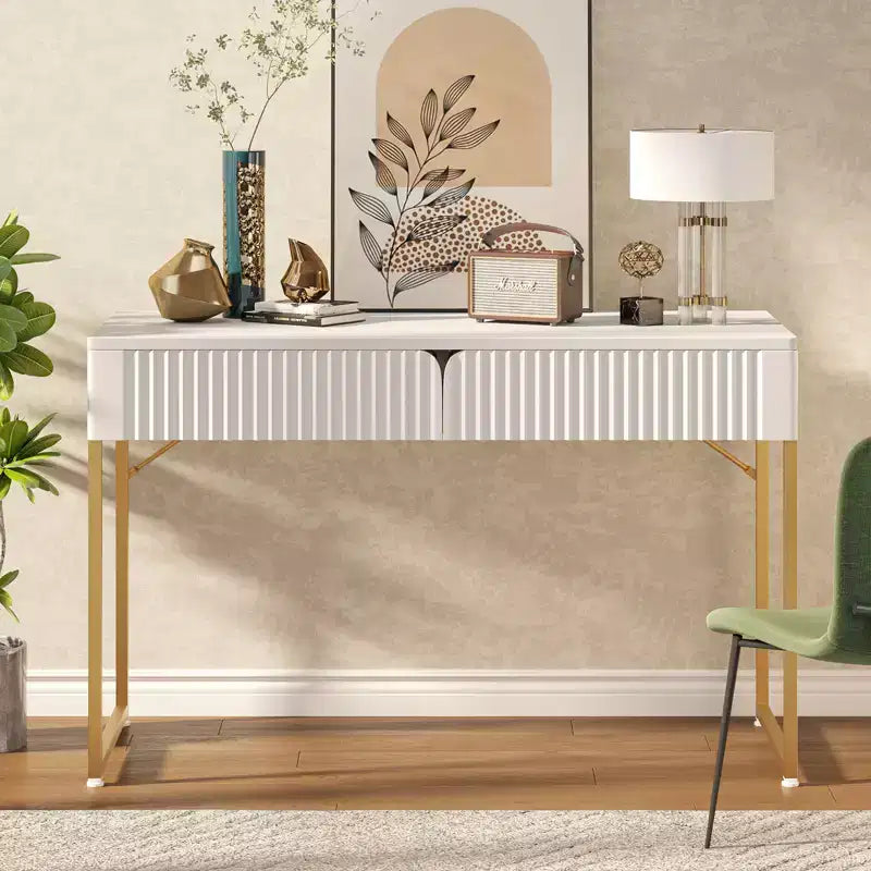 Bureau d'ordinateur cannelé élégant de 119 cm, Coiffeuse moderne et bureau d'étude avec cadre en métal doré pour chambre à coucher, bureau, blanc