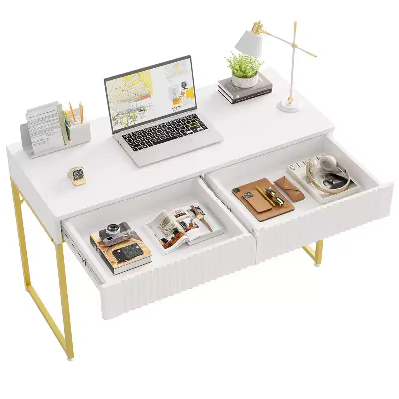 Bureau d'ordinateur cannelé élégant de 119 cm, Coiffeuse moderne et bureau d'étude avec cadre en métal doré pour chambre à coucher, bureau, blanc