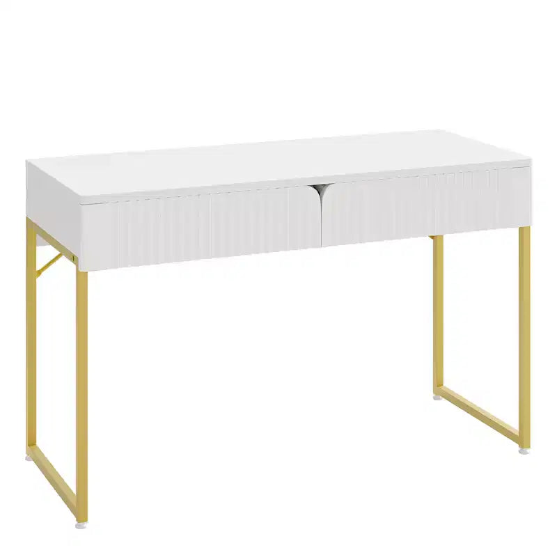 Bureau d'ordinateur cannelé élégant de 119 cm, Coiffeuse moderne et bureau d'étude avec cadre en métal doré pour chambre à coucher, bureau, blanc
