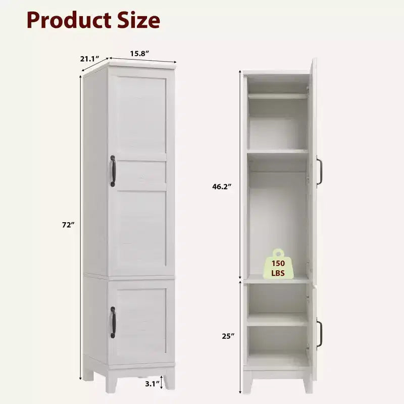 Armoire penderie avec portes, armoire en bois de 72 po avec tringle de suspension, armoire de rangement étroite et haute avec étagères réglables