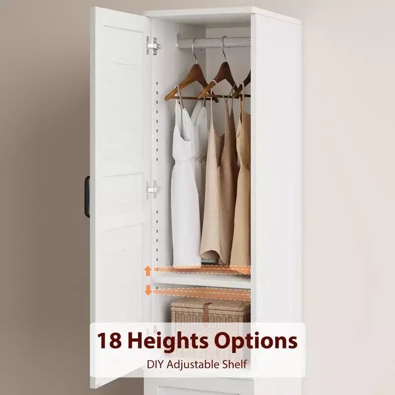 Armoire penderie avec portes, armoire en bois de 72 po avec tringle de suspension, armoire de rangement étroite et haute avec étagères réglables