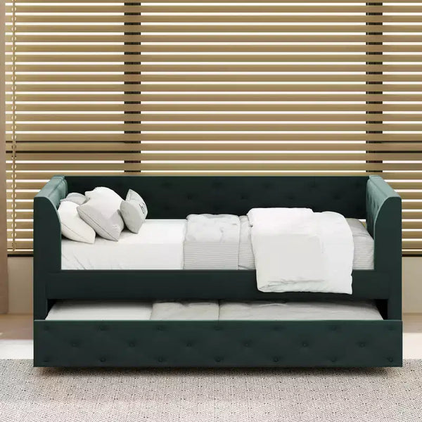 Bellemave Velvet Upholstered Twin Size daybed with Trundle Platform bed frame with Armrest for Living Room,Green