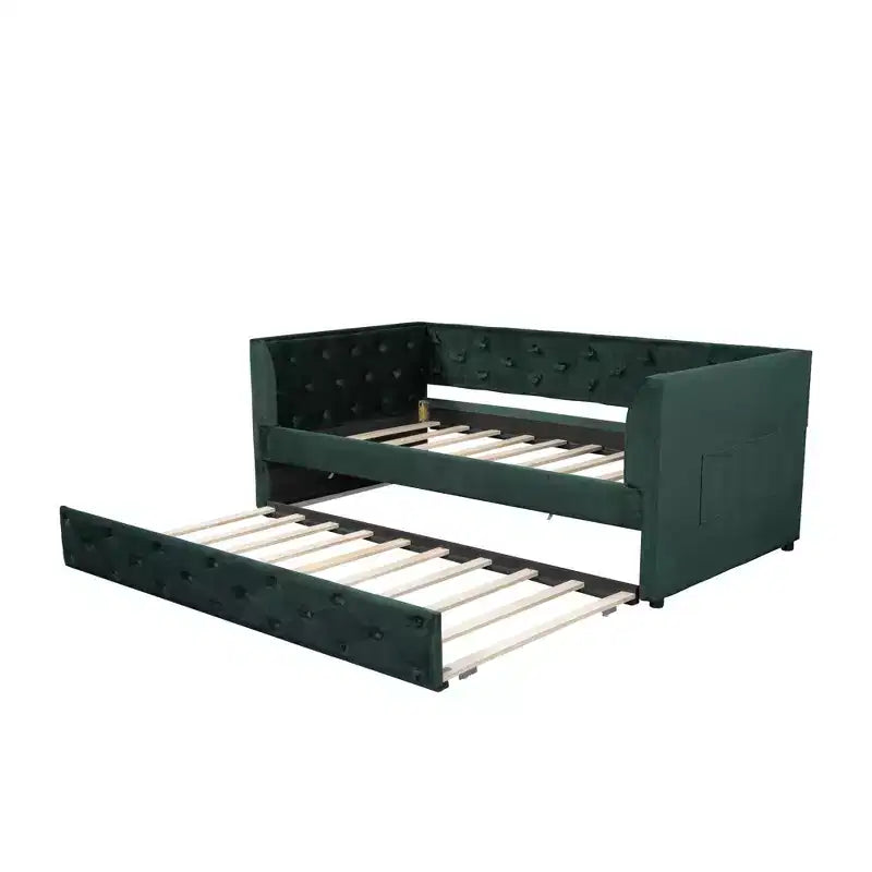 Lit de repos double en velours rembourré avec lit gigogne, cadre de lit plateforme avec accoudoir pour salon, vert