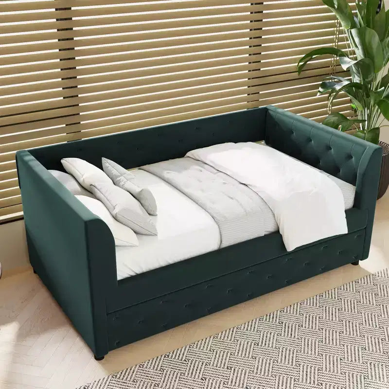 Lit de repos double en velours rembourré avec lit gigogne, cadre de lit plateforme avec accoudoir pour salon, vert