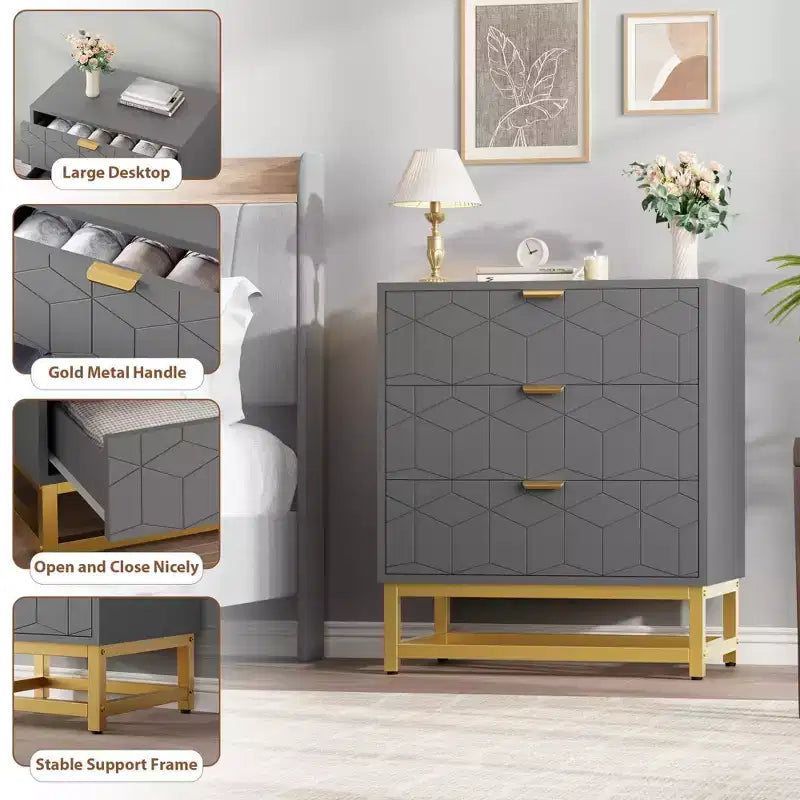 Commode en bois à 3 tiroirs avec base en métal doré pour usage en penderie et comme table de chevet