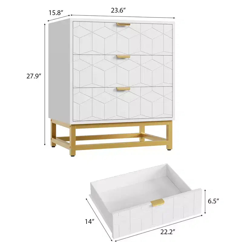 Commode en bois à 3 tiroirs avec base en métal doré pour usage en penderie et comme table de chevet