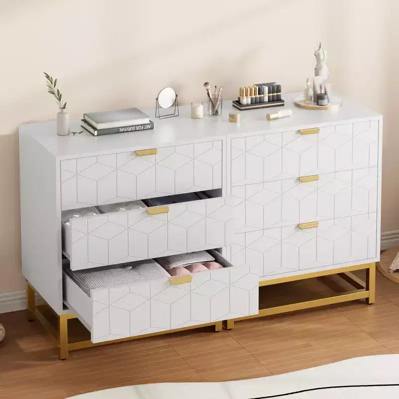 Commode en bois à 3 tiroirs avec base en métal doré pour usage en penderie et comme table de chevet