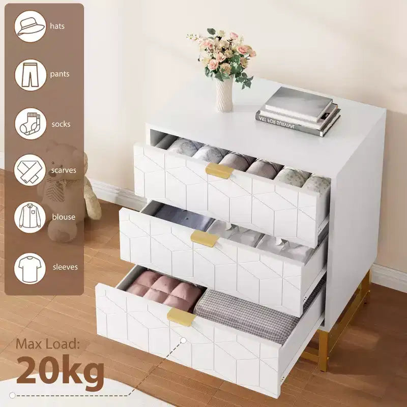 Commode en bois à 3 tiroirs avec base en métal doré pour usage en penderie et comme table de chevet