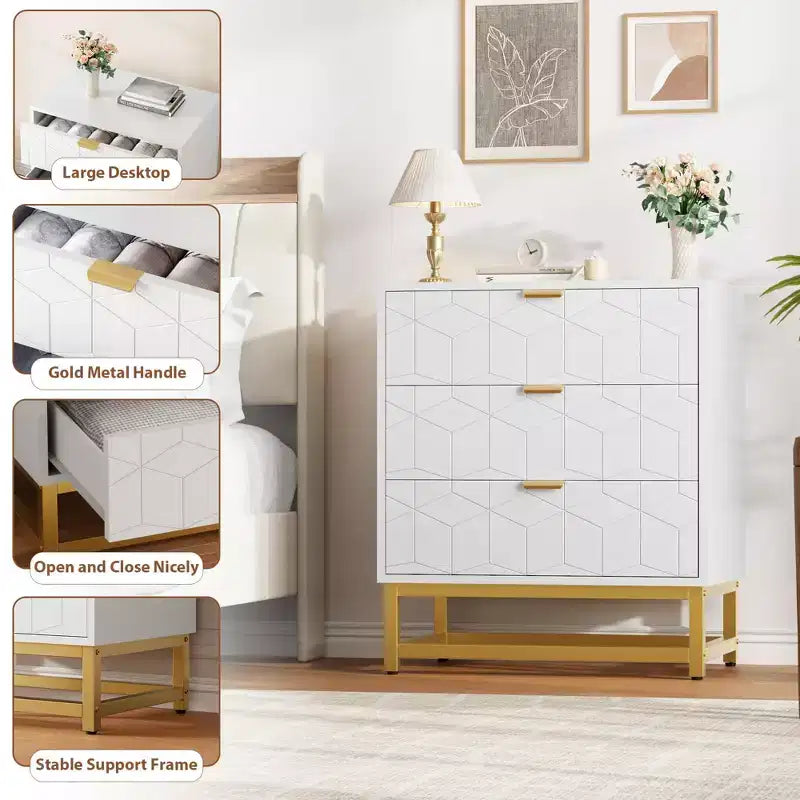 Commode en bois à 3 tiroirs avec base en métal doré pour usage en penderie et comme table de chevet