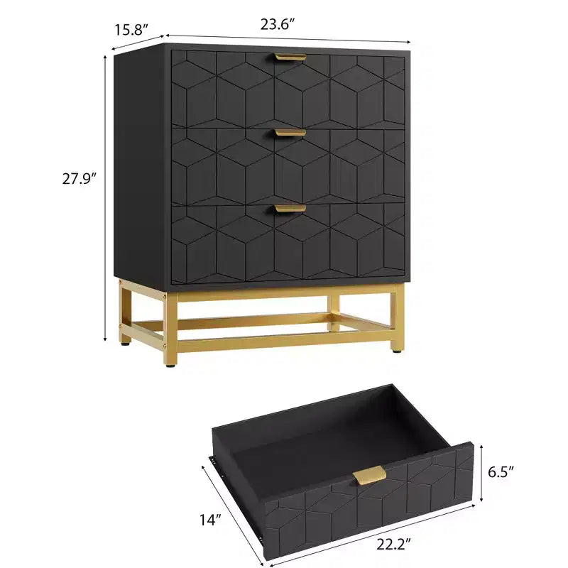 Commode en bois à 3 tiroirs avec base en métal doré pour usage en penderie et comme table de chevet