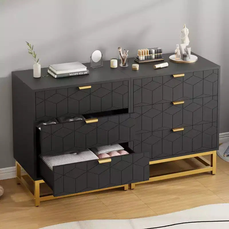 Commode en bois à 3 tiroirs avec base en métal doré pour usage en penderie et comme table de chevet