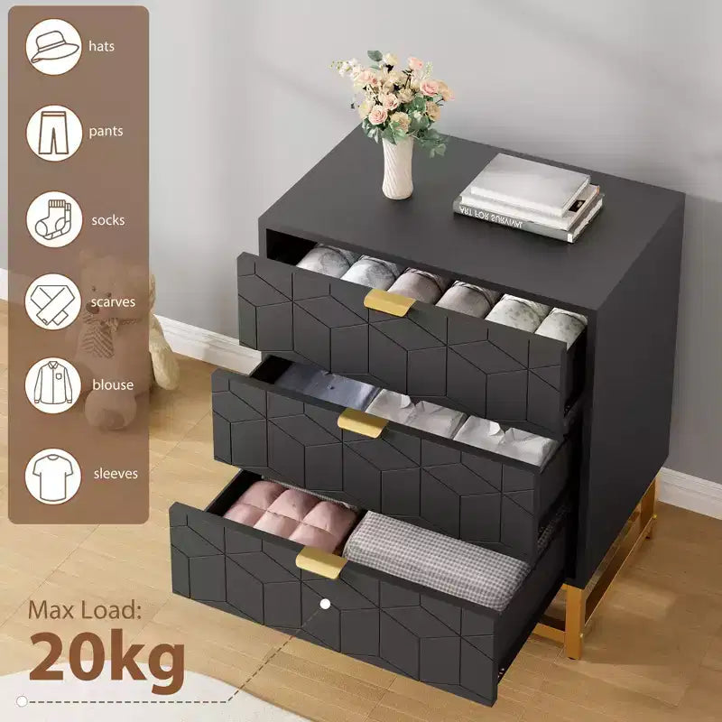 Commode en bois à 3 tiroirs avec base en métal doré pour usage en penderie et comme table de chevet