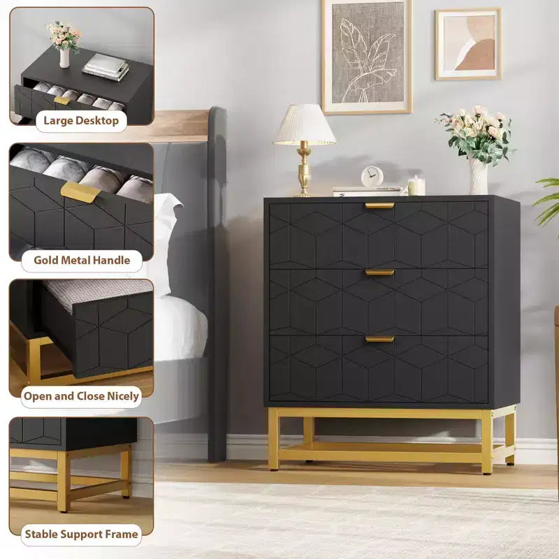 Commode en bois à 3 tiroirs avec base en métal doré pour usage en penderie et comme table de chevet