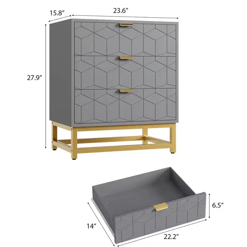 Commode en bois à 3 tiroirs avec base en métal doré pour usage en penderie et comme table de chevet