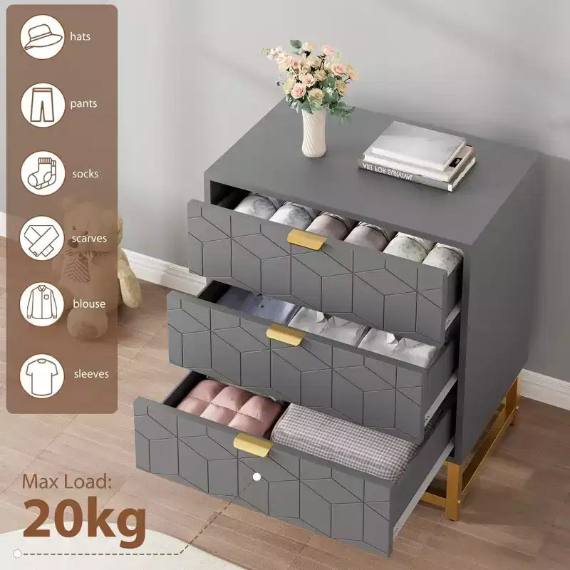 Commode en bois à 3 tiroirs avec base en métal doré pour usage en penderie et comme table de chevet