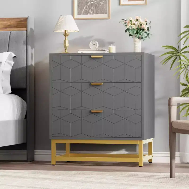 Commode en bois à 3 tiroirs avec base en métal doré pour usage en penderie et comme table de chevet