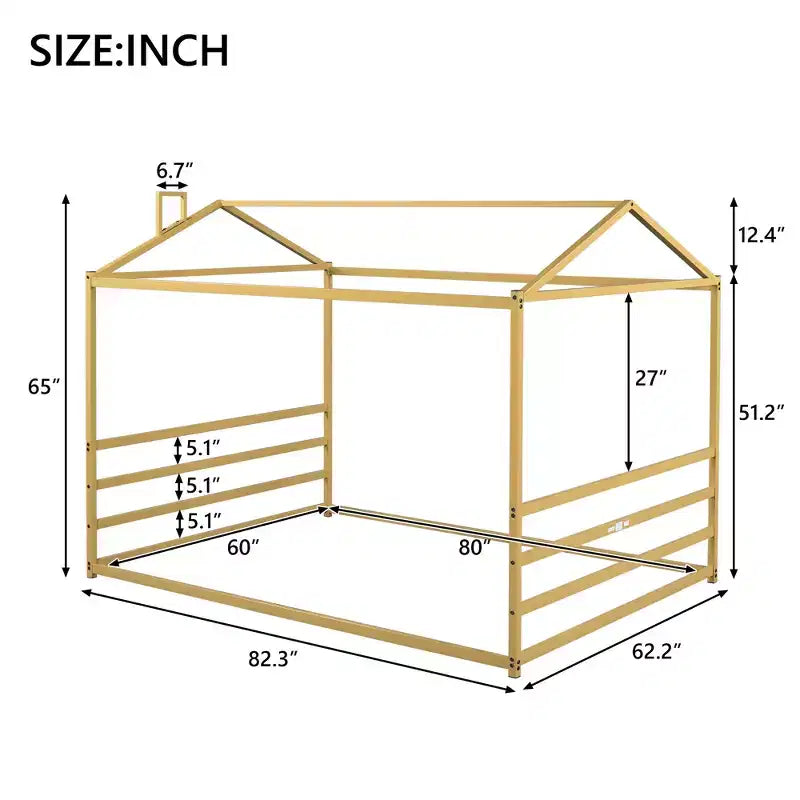 Lit de sol queen size en métal pour enfants, lit de sol Montessori avec toit, cadre de lit cabane queen pour garçons et filles, or