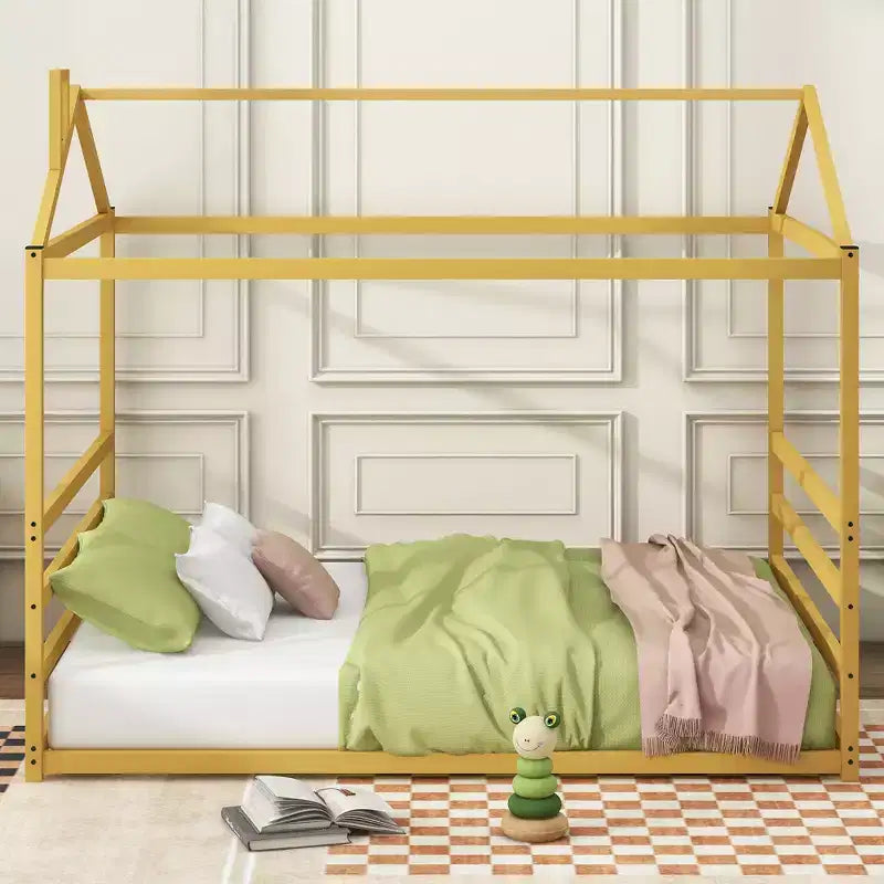 Lit de sol queen size en métal pour enfants, lit de sol Montessori avec toit, cadre de lit cabane queen pour garçons et filles, or