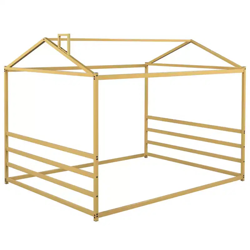 Lit de sol queen size en métal pour enfants, lit de sol Montessori avec toit, cadre de lit cabane queen pour garçons et filles, or