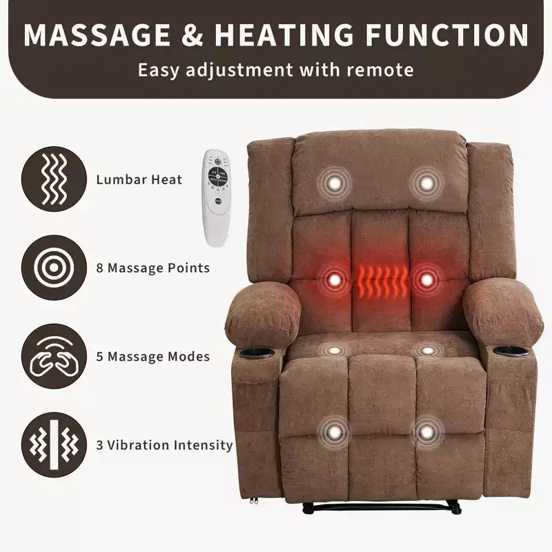 Fauteuil inclinable manuel avec fonction de massage chauffant – Canapé individuel surpiqué avec télécommande, 3 positions d'inclinaison