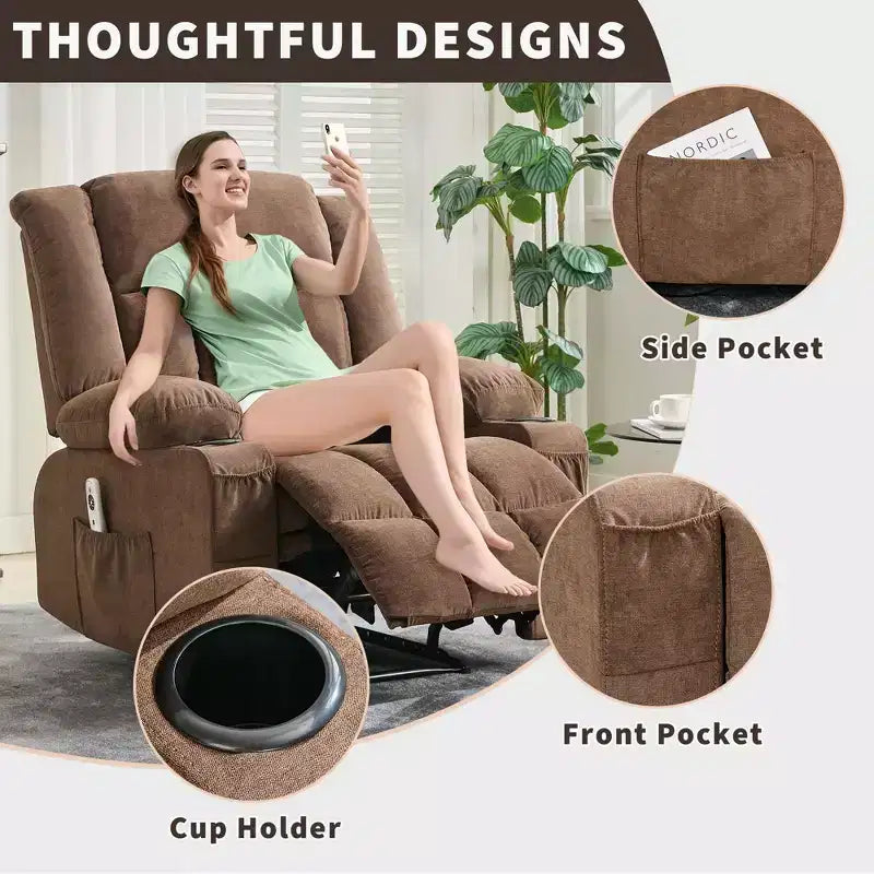 Fauteuil inclinable manuel avec fonction de massage chauffant – Canapé individuel surpiqué avec télécommande, 3 positions d'inclinaison