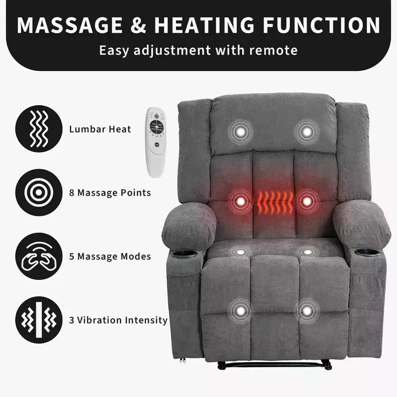 Fauteuil inclinable manuel avec fonction de massage chauffant – Canapé individuel surpiqué avec télécommande, 3 positions d'inclinaison