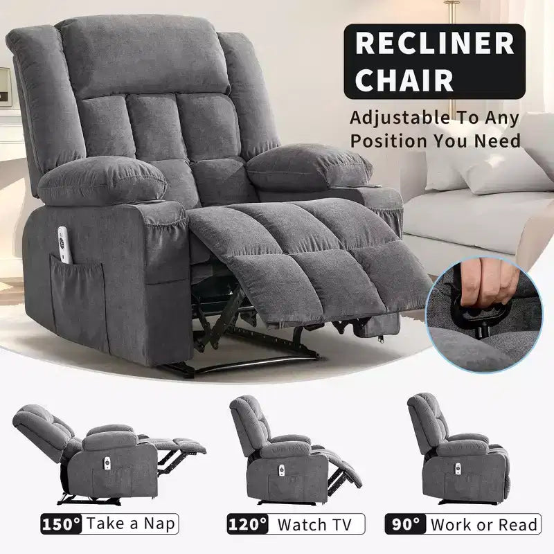 Fauteuil inclinable manuel avec fonction de massage chauffant – Canapé individuel surpiqué avec télécommande, 3 positions d'inclinaison
