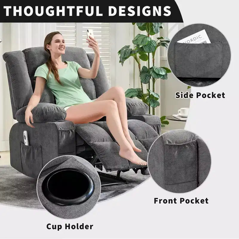 Fauteuil inclinable manuel avec fonction de massage chauffant – Canapé individuel surpiqué avec télécommande, 3 positions d'inclinaison