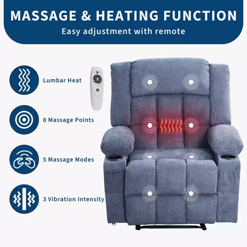 Fauteuil inclinable manuel avec fonction de massage chauffant – Canapé individuel surpiqué avec télécommande, 3 positions d'inclinaison