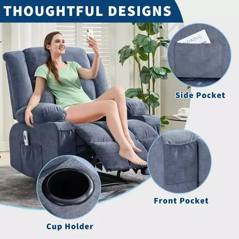 Fauteuil inclinable manuel avec fonction de massage chauffant – Canapé individuel surpiqué avec télécommande, 3 positions d'inclinaison