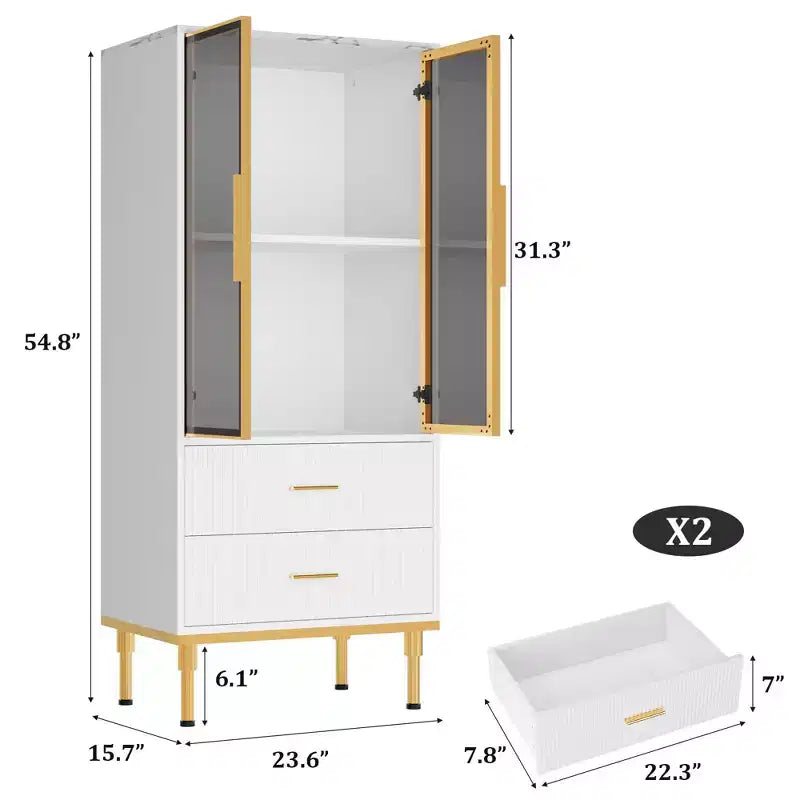 Buffet de Rangement Cannelé avec Portes en Verre et 2 Tiroirs, Meuble d'Appoint Moderne avec Étagères Réglables pour Cuisine, Salle à Manger, Salon