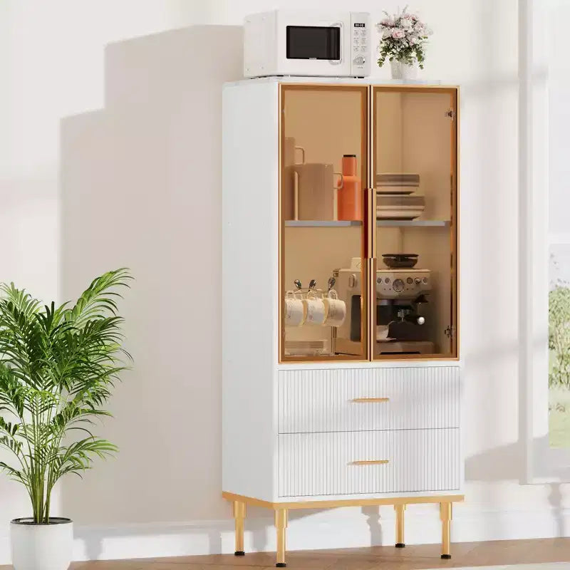 Buffet de Rangement Cannelé avec Portes en Verre et 2 Tiroirs, Meuble d'Appoint Moderne avec Étagères Réglables pour Cuisine, Salle à Manger, Salon