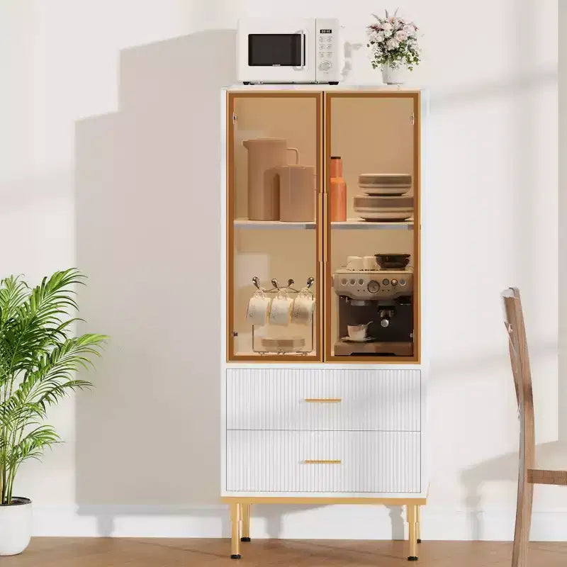 Buffet de Rangement Cannelé avec Portes en Verre et 2 Tiroirs, Meuble d'Appoint Moderne avec Étagères Réglables pour Cuisine, Salle à Manger, Salon