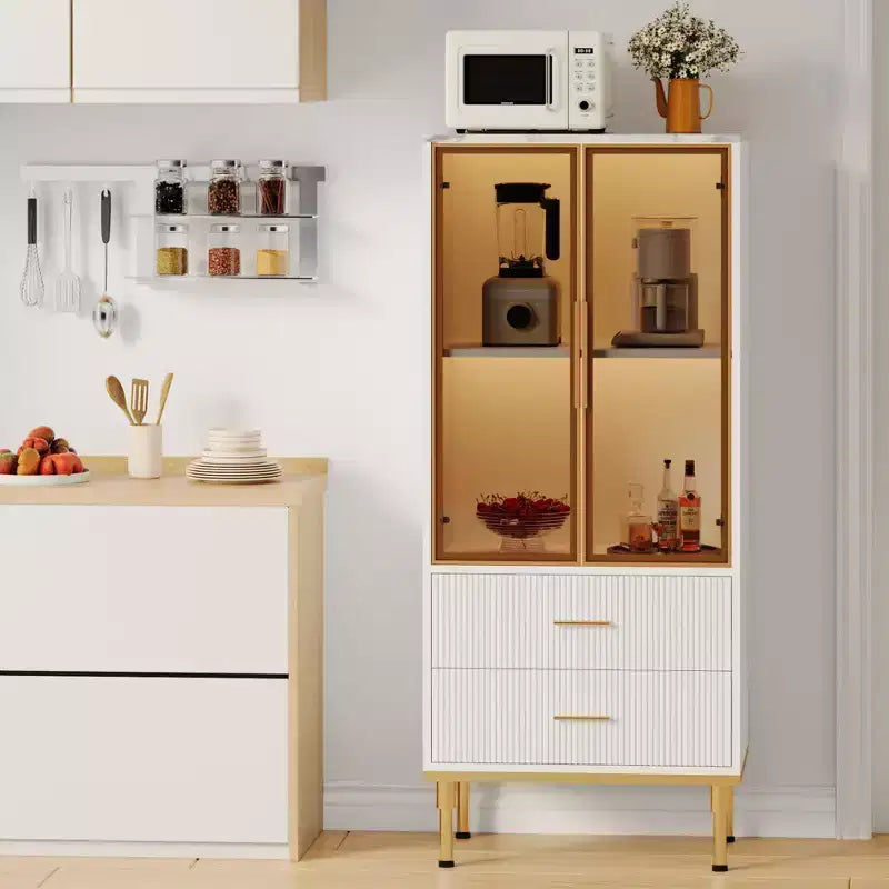 Buffet de Rangement Cannelé avec Portes en Verre et 2 Tiroirs, Meuble d'Appoint Moderne avec Étagères Réglables pour Cuisine, Salle à Manger, Salon