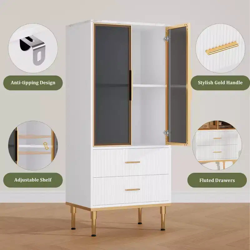 Buffet de Rangement Cannelé avec Portes en Verre et 2 Tiroirs, Meuble d'Appoint Moderne avec Étagères Réglables pour Cuisine, Salle à Manger, Salon
