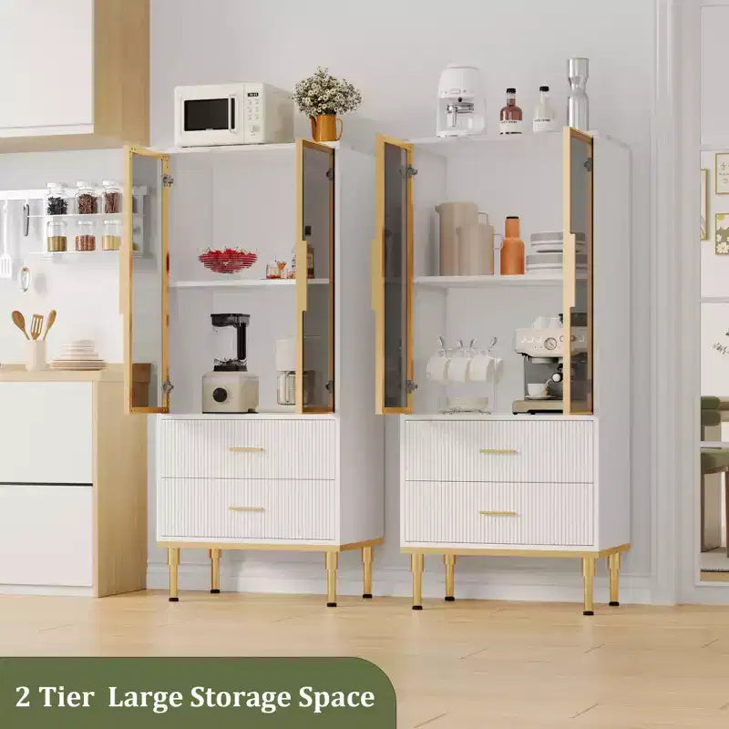 Buffet de Rangement Cannelé avec Portes en Verre et 2 Tiroirs, Meuble d'Appoint Moderne avec Étagères Réglables pour Cuisine, Salle à Manger, Salon