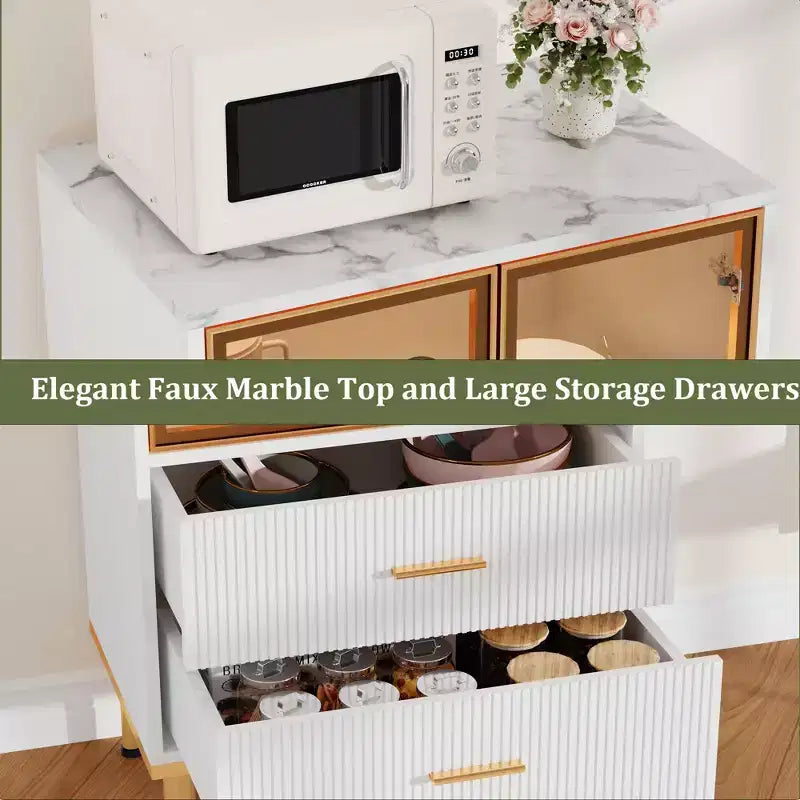 Buffet de Rangement Cannelé avec Portes en Verre et 2 Tiroirs, Meuble d'Appoint Moderne avec Étagères Réglables pour Cuisine, Salle à Manger, Salon