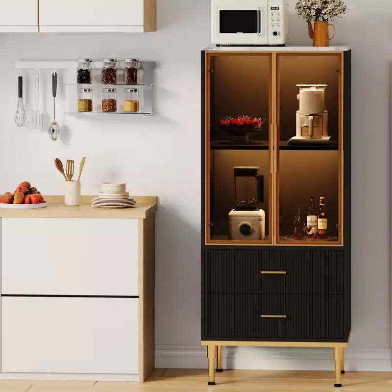 Buffet de Rangement Cannelé avec Portes en Verre et 2 Tiroirs, Meuble d'Appoint Moderne avec Étagères Réglables pour Cuisine, Salle à Manger, Salon