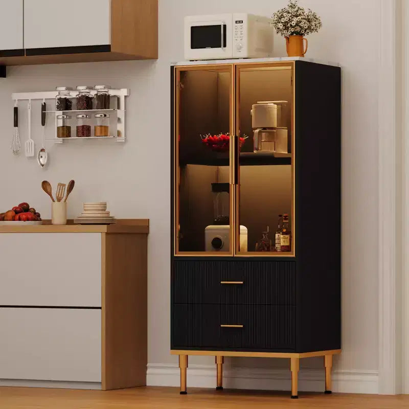 Buffet de Rangement Cannelé avec Portes en Verre et 2 Tiroirs, Meuble d'Appoint Moderne avec Étagères Réglables pour Cuisine, Salle à Manger, Salon