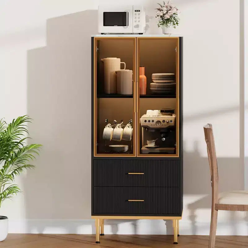 Buffet de Rangement Cannelé avec Portes en Verre et 2 Tiroirs, Meuble d'Appoint Moderne avec Étagères Réglables pour Cuisine, Salle à Manger, Salon