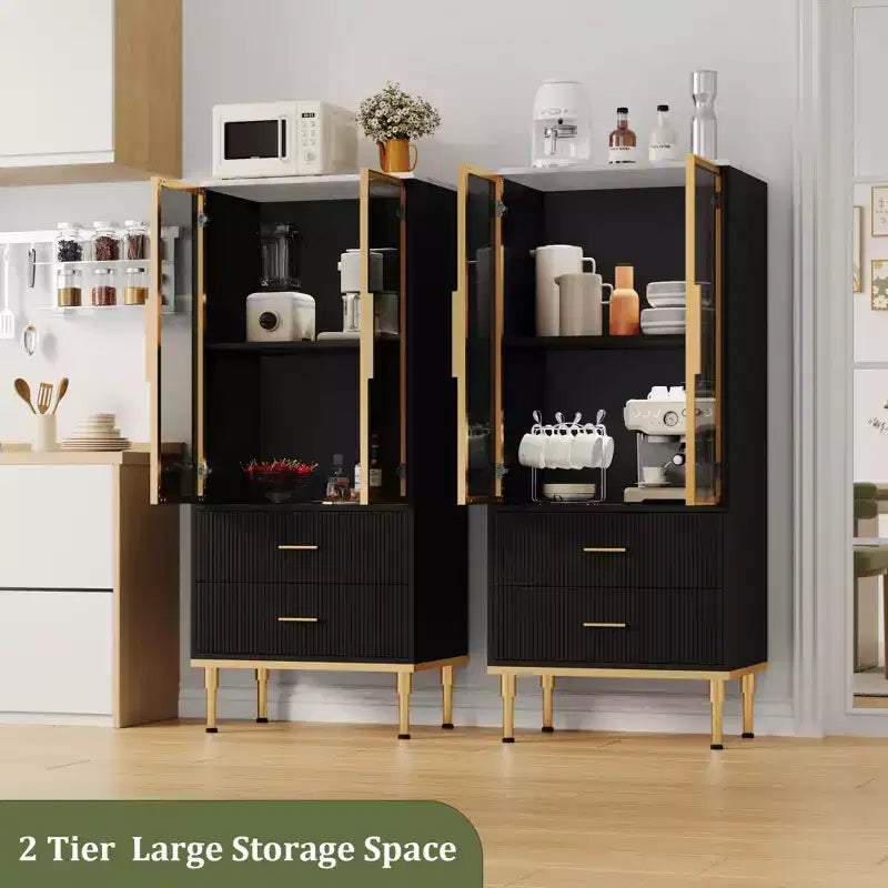 Buffet de Rangement Cannelé avec Portes en Verre et 2 Tiroirs, Meuble d'Appoint Moderne avec Étagères Réglables pour Cuisine, Salle à Manger, Salon