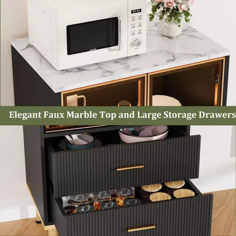 Buffet de Rangement Cannelé avec Portes en Verre et 2 Tiroirs, Meuble d'Appoint Moderne avec Étagères Réglables pour Cuisine, Salle à Manger, Salon