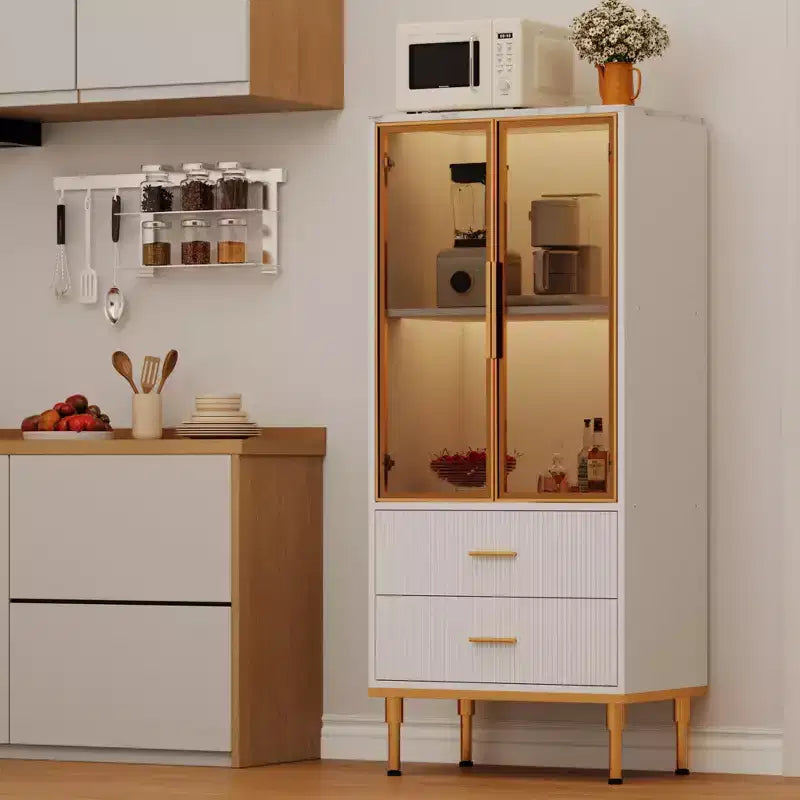 Buffet de Rangement Cannelé avec Portes en Verre et 2 Tiroirs, Meuble d'Appoint Moderne avec Étagères Réglables pour Cuisine, Salle à Manger, Salon