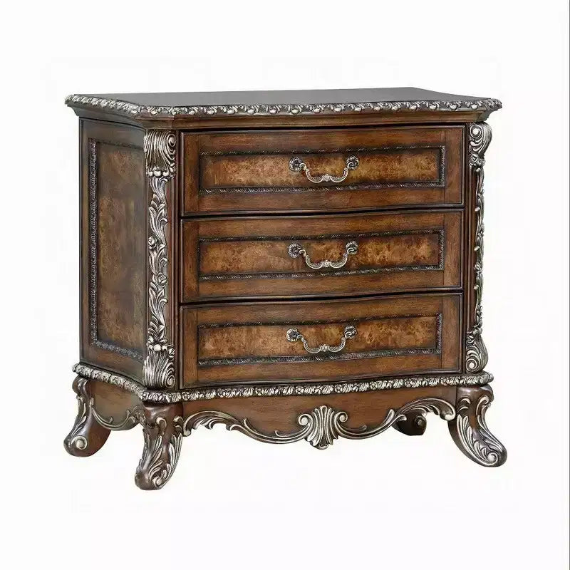 Table de chevet, avec bordure florale traditionnelle, 3 tiroirs, brun cerise