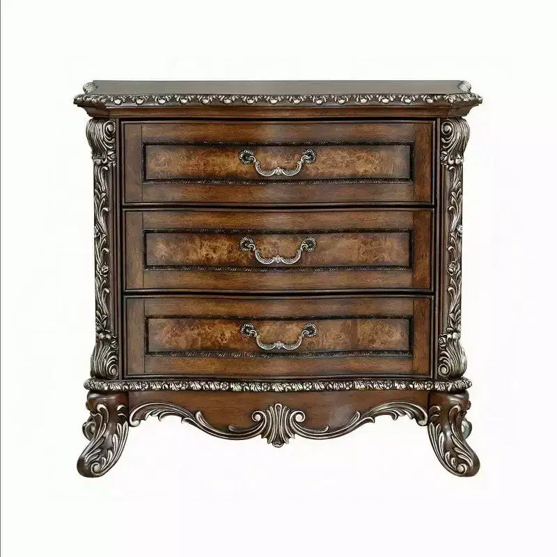 Table de chevet, avec bordure florale traditionnelle, 3 tiroirs, brun cerise